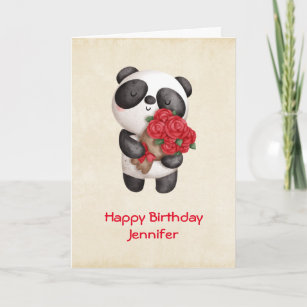 Carte Cute Panda Bear avec Rose Bouquet Anniversaire