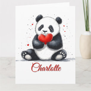 Carte Cute Panda Holding Heart avec nom personnalisable