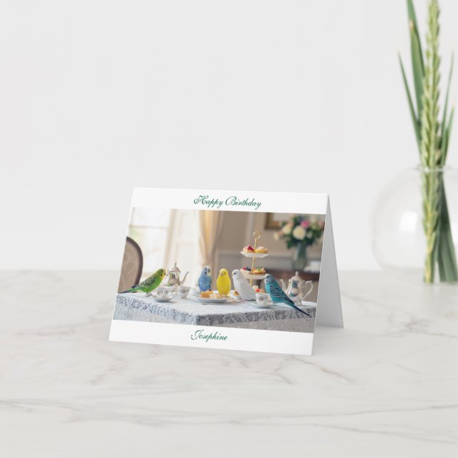 Carte Cute Parakeet Budgies Afternoon Tea Birthday (Devant)