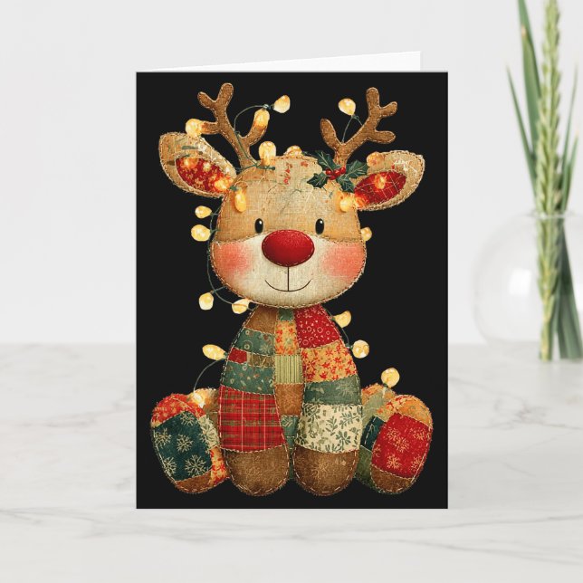 Carte Cute Patchwork Reindeer Christmas Xmas Men Women K (Devant)
