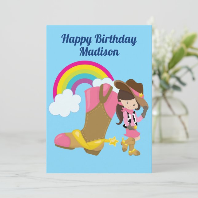 Carte Cute Personnalisée Cowgirl Rainbow Joyeux annivers (Debout devant)