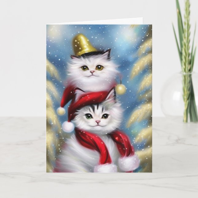 Carte Cute Petits Chats de Noël blancs avec Casquette d' (Devant)