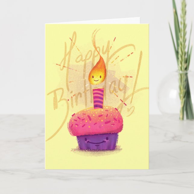 Carte Cute Pink Cupcake et Candle Cartoon Birthday Card (Devant)