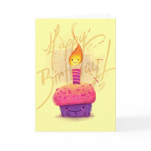 Cute Pink Cupcake et Candle Cartoon Birthday Card
