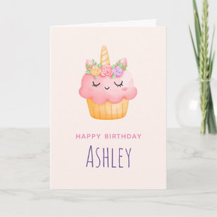 Carte Cute Pink Cupcake Unicorn avec Rose Anniversaire