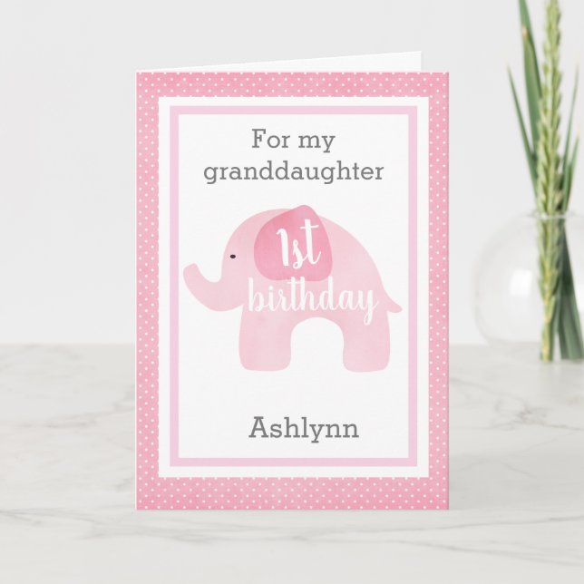 Carte Cute Pink Elephant 1st Birthday Granddaughter (Devant)