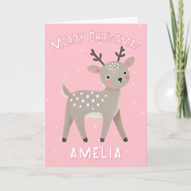 Carte Cute Pink Reindeer Kid`s Name Merry Christmas (Devant)