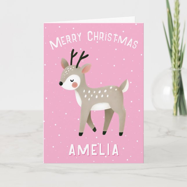 Carte Cute Pink Reindeer Kid`s Name Merry Christmas (Devant)