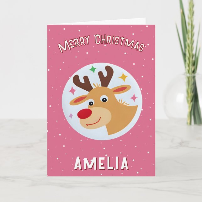 Carte Cute Pink Reindeer Kid`s Name Merry Christmas (Devant)