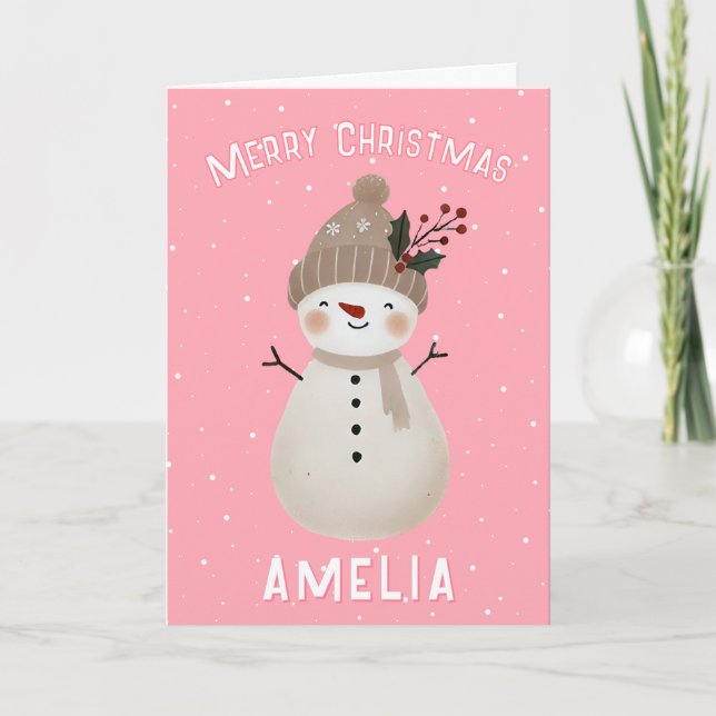 Carte Cute Pink Snowman Kid`s Name Merry Christmas (Devant)