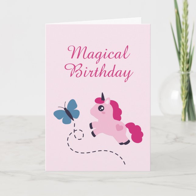 Carte Cute Pink Unicorn avec un Papillon (Devant)