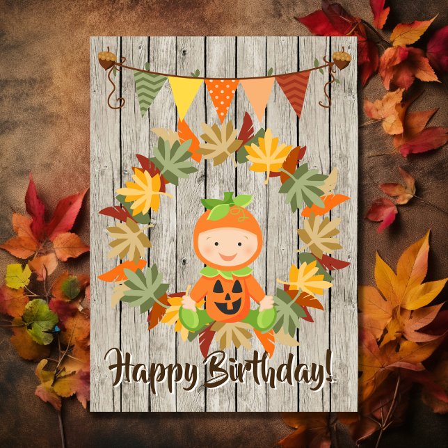 Carte Cute Pumkin Baby Wreath of Leaves (Cute Pumpkin Baby Wreath of Leaves Autumn Birthday Card)