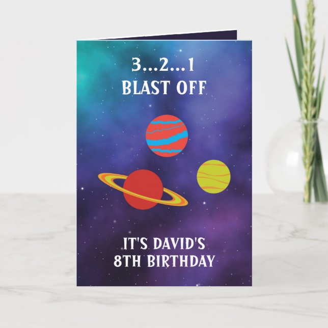 Carte Cute Purple Blue Space Planètes 8e anniversaire (Devant)