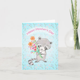 Carte Cute Raccoon Holding Fleurs Adorable Fête des mère