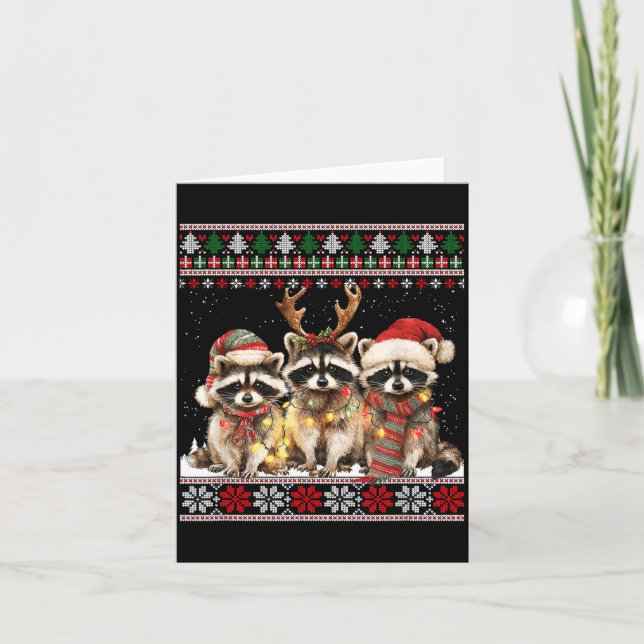 Carte Cute Raccoon Santa Christmas Lights Ugly Xmas Swea (Devant)