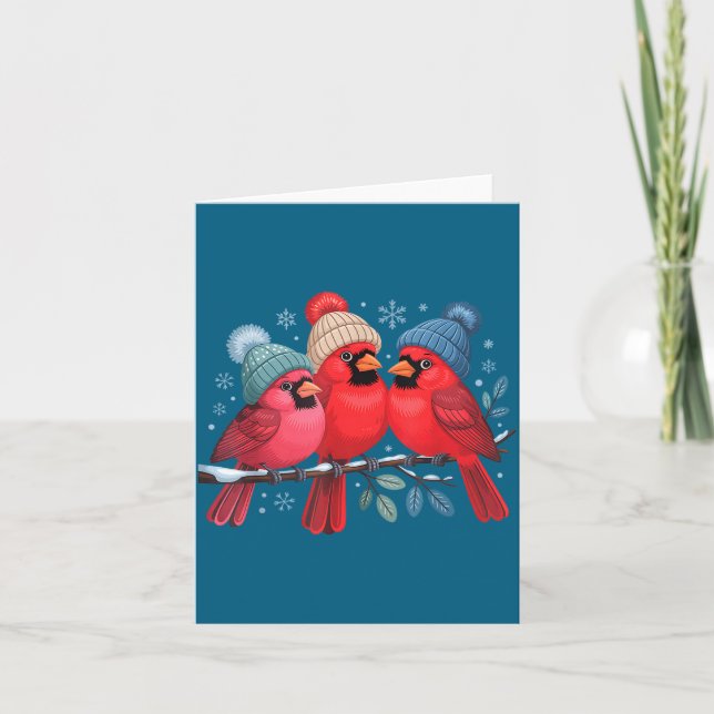 Carte Cute Red Cardinals With Knitted Hats Winter Bird A (Devant)