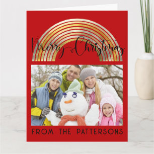 Carte Cute Red Gold Rainbow Family Photo Merry Christmas
