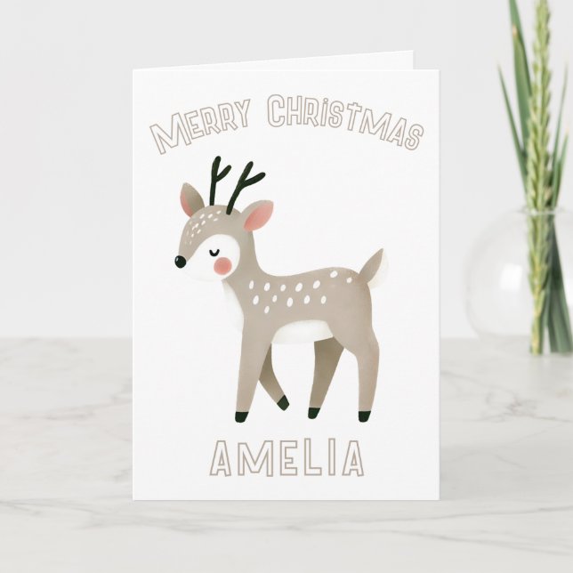 Carte Cute Reindeer Kid`s Name Merry Christmas Holiday (Devant)