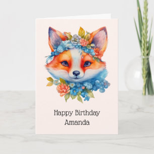 Carte Cute Renard orange avec Couronne florale Anniversa