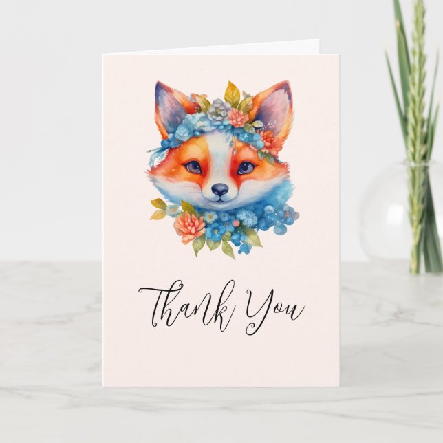Carte Cute Renard orange avec Merci de couronne floral (Devant)