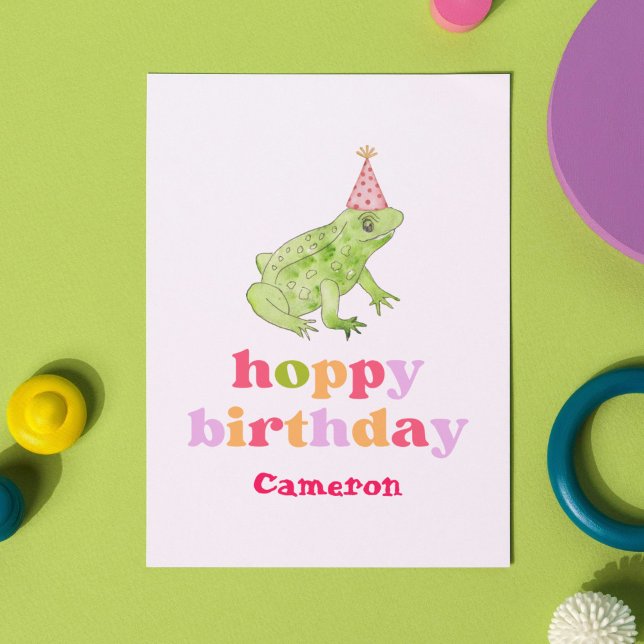 Carte Cute Retro Colorful Frog Personnalisé Anniversaire (Our Hoppy Birthday frog card is sure to bring a smile to the face of the birthday girl or boy.)