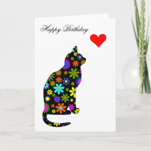 Carte Cute Retro Fille Anniversaire Floral Chat Feline C