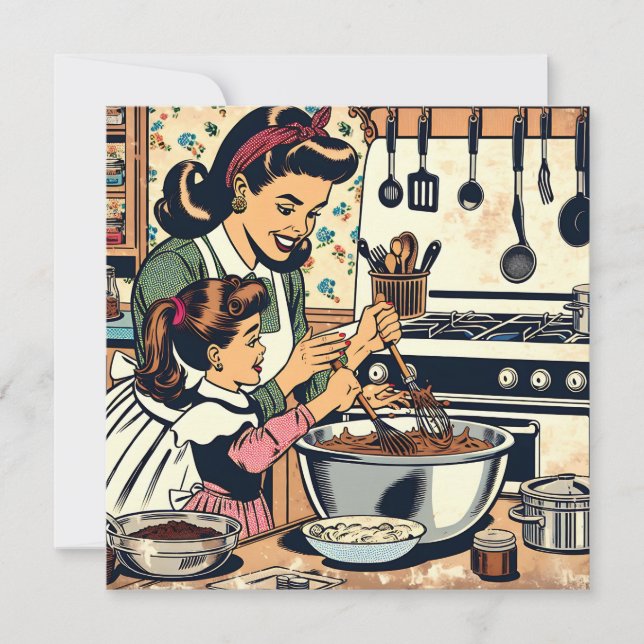 Carte Cute Retro Maman et Fille Cuisiner ensemble (Devant)
