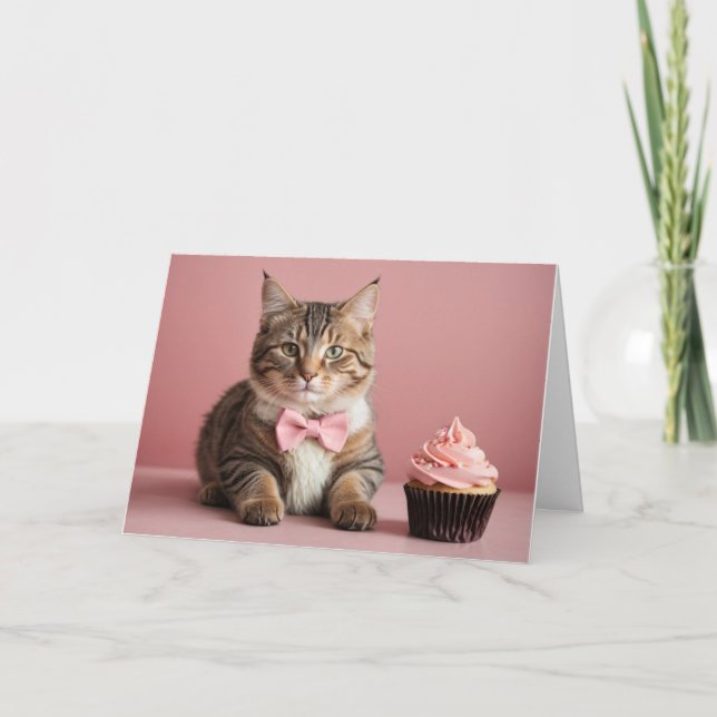 Carte Cute Rose Joyeux Anniversaire Cat Cupcake (Devant)