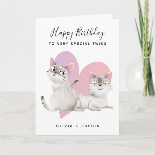 Carte Cute Rose Kitty Chat Twin Girls Anniversaire