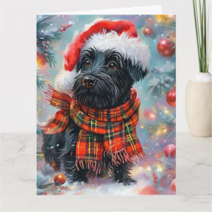 Carte Cute Scottish Terrier à Santa Hat et Scarf