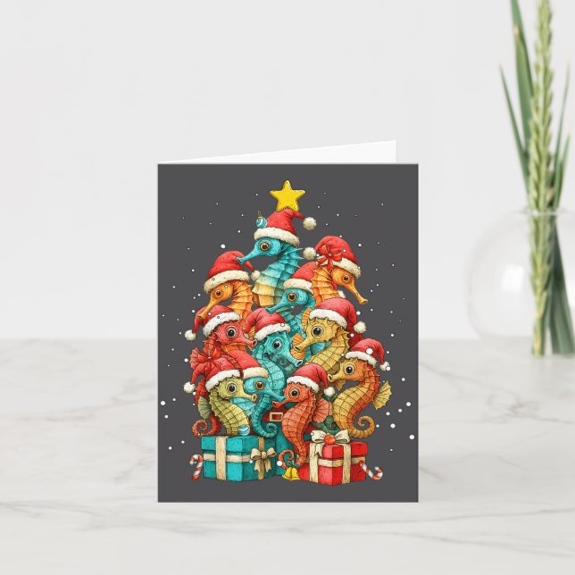 Carte Cute Seahorse Le Sea Fish Christmas Tree Xmas Hat  (Devant)