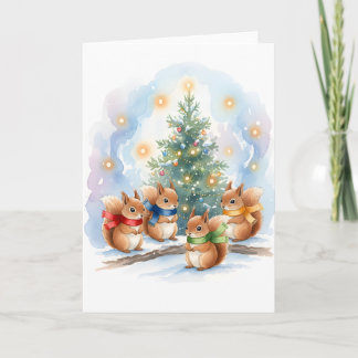 Carte Cute Singing Woodland Squirrels Watercolor Holiday