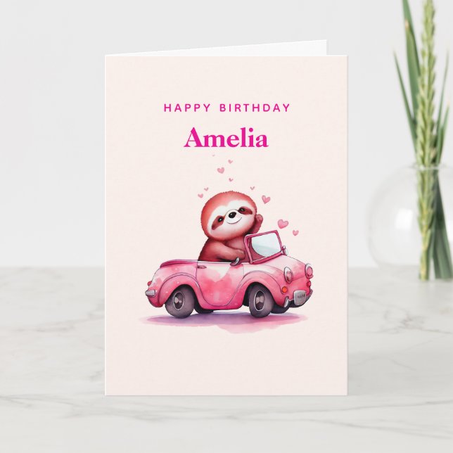Carte Cute Sloth in a Pink Convertible Birthday (Devant)