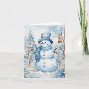Carte Cute Snowman Bleu Casquette Écharpe Arbres Birdhou