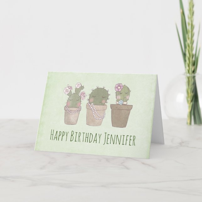 Carte Cute souriant Cactus Trio Aquarelle Anniversaire (Devant)