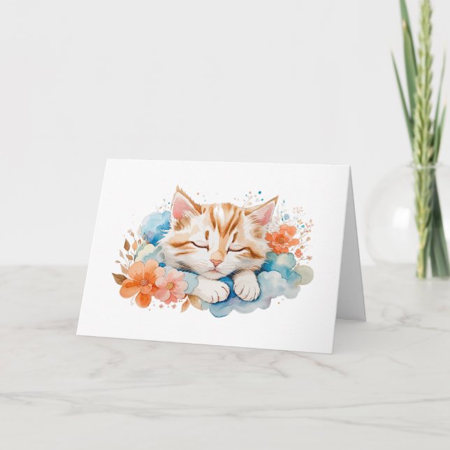 Carte Cute Tabby Chat Dormir parmi les fleurs Blank (Devant)