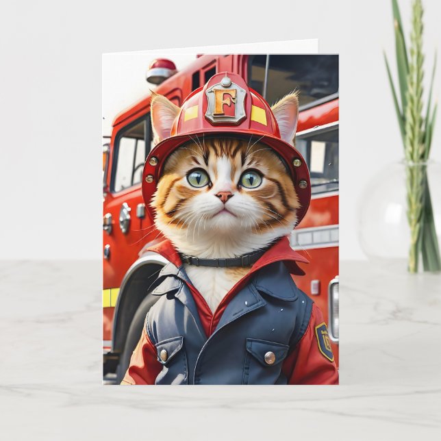 Carte Cute Tabby Chat en Aquarelle Uniforme Firefighter (Devant)