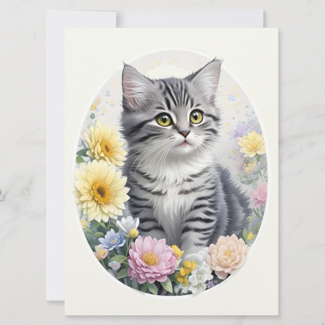Carte Cute Tabby Kitten et Fleurs de Jardin (Devant)