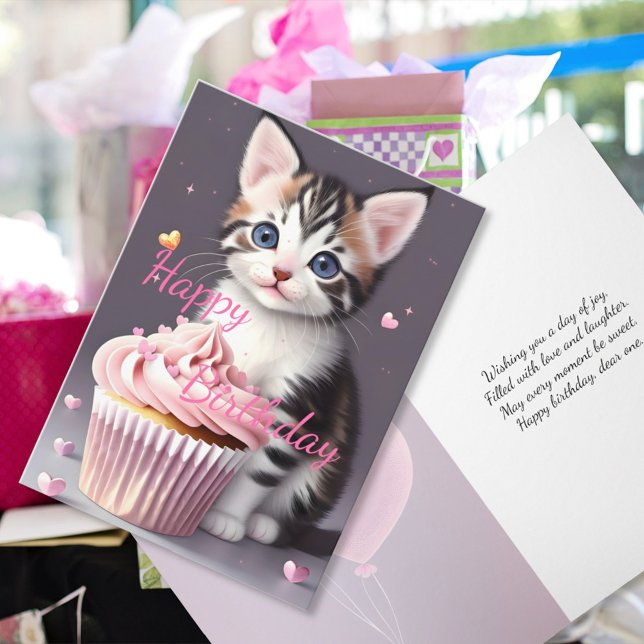 Carte Cute Tabby Kitten Sweet Cupcake Anniversaire Salut (Créateur téléchargé)