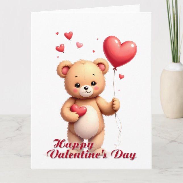 Carte Cute Teddy Bear avec Cœur – Joyuse Saint-Valentin (Devant)