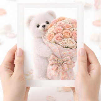 Carte Cute Teddy Bear Holding Blush Peach Rose Bouquet 