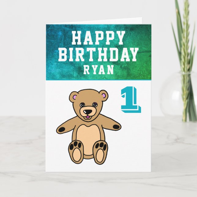 Carte Cute Teddy Bear Photo Boy 1er anniversaire (Devant)