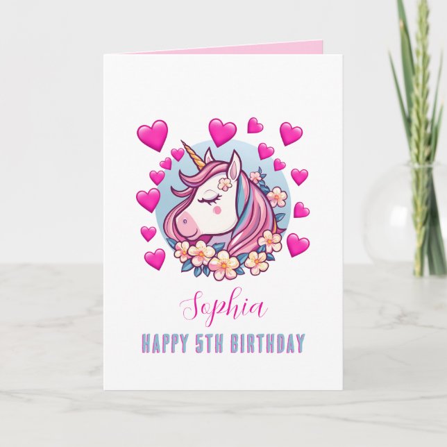 Carte Cute Unicorn, Coeurs Roses, Nom N'Importe Quel Âge (Devant)