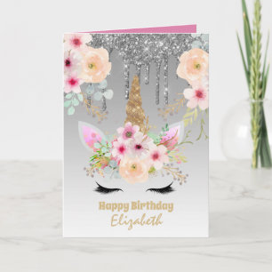 Carte Cute Unicorn Imaginaire jolie fille Argent rose No