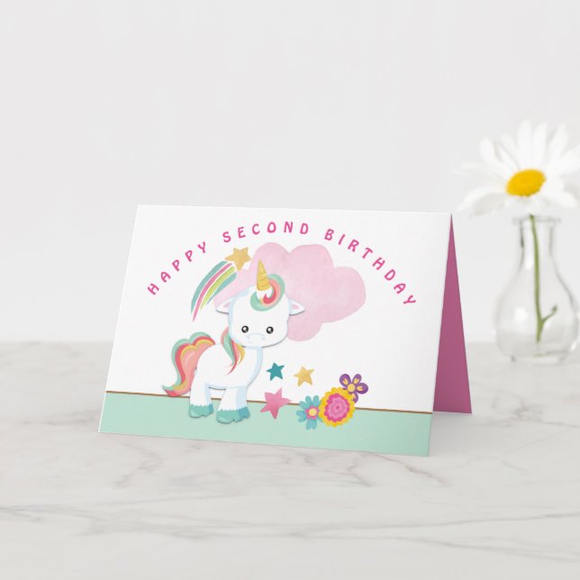 Carte Cute Unicorn Joyeux deuxième anniversaire (Petite plante)