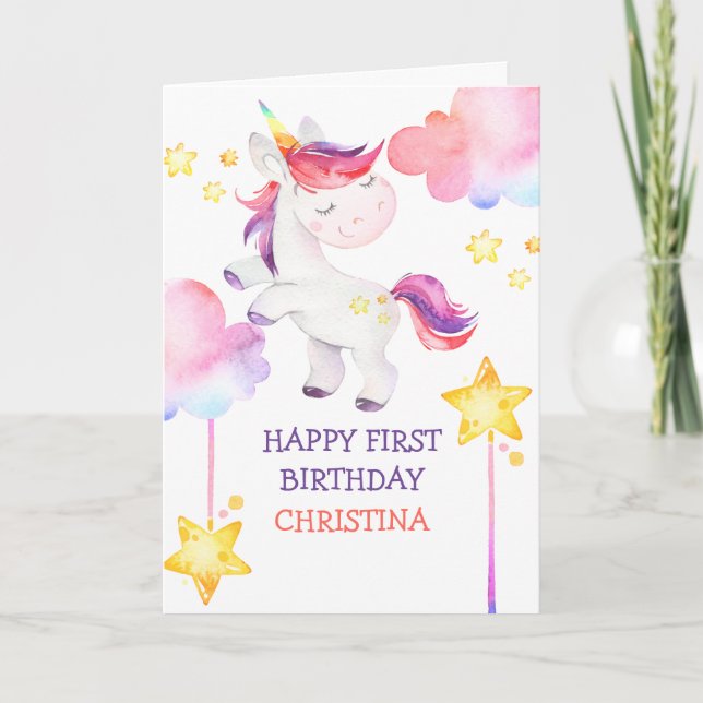 Carte Cute Unicorn Rainbow Premier Joyeux Anniversaire (Devant)
