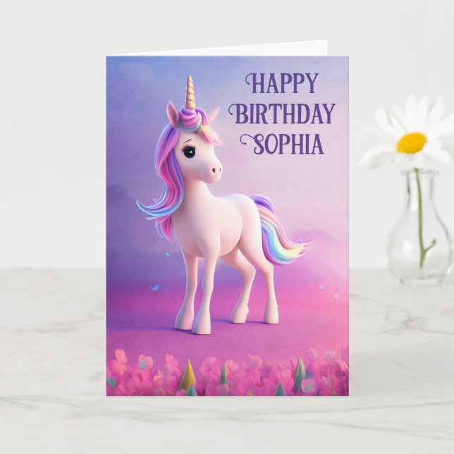 Carte Cute Unicorne Blanche Avec Rose & Bleu Mane (Petite plante)