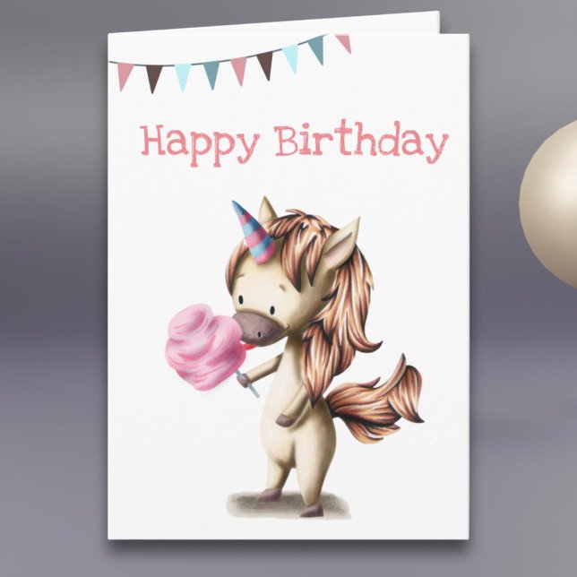 Carte Cute unicorne manger rose coton bonbon anniversair (Créateur téléchargé)