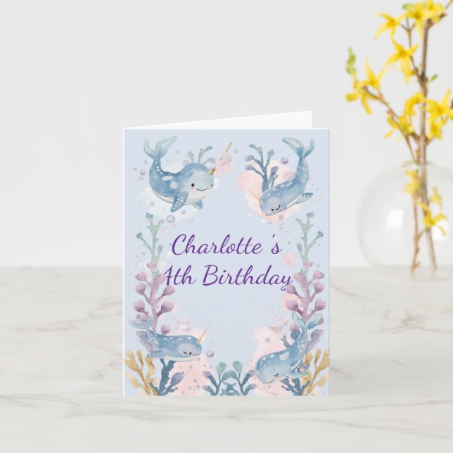 Carte Cute Watercolor Narwhal Whale fish Seamless Sea  (Fleur jaune)