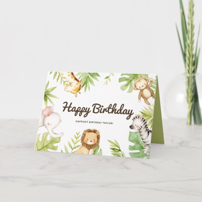 Carte Cute Watercolor Safari amis Anniversaire tropical (Devant)